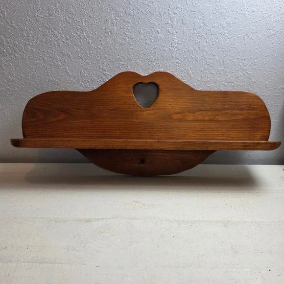 Vintage Rustic Pine Wood Wall Shelf with Heart Cutout and Single Peg Brown - Picture 2 of 11